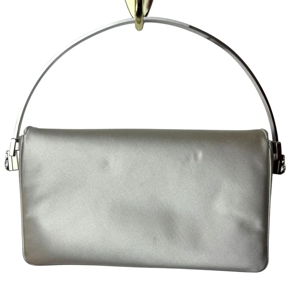 Vintage Judith Leiber‎ Silver Soft Boom Clutch Crystal Handle Evening Event